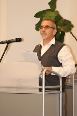 CARA MORNINGSTAR/Sun-Gazette Jim Caldwell, project manager, speaks during the Grafius Run Flood Mitigation Project meeting at the Trade and Transit Centre II in Williamsport on Thursday.